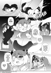 3mangos age_difference anabelle_(3mangos) black_and_white chubby_female cocoa_(3mangos) comic comic_page cow_girl croptop_hoodie dog_boy erection femboy furry furry_only glasses large_breasts milf mongoart ponytail pool size_difference swimsuit voluptuous