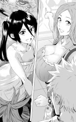 2boys 2girls 2koma :d abarai_renji alternate_costume aquarium bleach bleach:_the_thousand-year_blood_war breast_size_difference breasts canon_couple cleavage comic couple daraz18aka dating dress fat_breasts fish flat_chest greyscale hair_between_eyes high_ponytail highres ichigo_kurosaki inoue_orihime jewelry kuchiki_rukia kurosaki_ichigo large_breasts long_hair married_couple monochrome multiple_boys multiple_girls open_mouth parted_bangs pointing renji_abarai ring shirt shopping short_hair side_ponytail small_breasts smile spiked_hair watch wedding_ring wristwatch