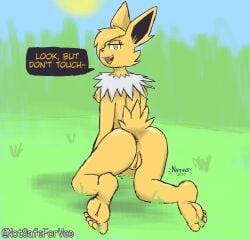 5_toes absurd_res anthro anus ass barefoot breasts dialogue digital_media_(artwork) eeveelution english_text feet female foot_fetish foot_focus fur generation_1_pokemon genitals hair hi_res humanoid_feet jolteon looking_at_viewer mammal nintendo nipples notsafeforvee nude open_mouth plantigrade pokemon pokemon_(species) pussy soles solo tail talking_to_viewer text toes yellow_body yellow_fur