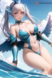 1girls 2023 ai_generated armor armwear bikini bikini_armor black_clover blue_bikini blush bob_cut cleavage closed_mouth detailed embarrassed hands_behind_back hi_res horns illumaru large_breasts long_hair looking_away low_twintails navel noelle_silva own_hands_together purple_eyes seductive seductive_look silver_hair small_bikini stable_diffusion swimsuit thick_thighs thighs twintails water water_armor wings