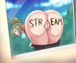 against_glass ass bent_over blue_sky body_writing breasts castagno clothes_pull cloud commentary female green_eyes green_hair issa_castagno_(character) large_breasts mooning original pants pants_pull ponytail pussy sky solo tongue tongue_out window women