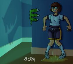 against_wall bombality-kink brown brown_hair frightened fully_clothed glasses green_hand gym_clothes gym_shorts gym_uniform hand_on_wall have_to_pee horrified knee_socks kneehighs kneesocks monster monster_arm omorashi peeing peeing_due_to_fear peeing_self scared scooby-doo scooby-doo_mystery_incorporated shirt short_hair shorts socks square_glasses stained_clothes terrified urine urine_on_ground urine_on_legs urine_pool urine_puddle urine_stream velma_dinkley velma_dinkley_(mystery_incorporated) wetting wetting_self white_shirt white_socks