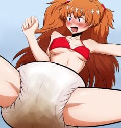 asuka_langley_sohryu belly_button bra breasts diaper embarrassed messy_diaper neon_genesis_evangelion new_blacklist_addition nipple_bulge shit_stain shitting shocked shocked_expression soiling soiling_diaper xjio