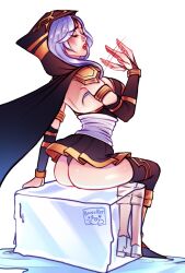 ashe_(league_of_legends) ass black_panties black_thong boots cape closed_eyes cooling_off dress elbow_gloves female from_behind gloves hood league_of_legends minidress open_mouth panties poposhirat sitting sweat thighhighs thong white_hair