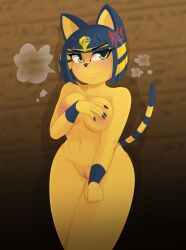 angry animal_crossing ankha ankha_(animal_crossing) anthro areola breasts breath female genitals hi_res holding_breast medium_breasts nintendo nipples nude pink_areola pink_nipples pussy solo spicyredfox