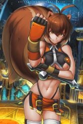 animal_humanoid blazblue bottomwear breasts brown_hair cleavage clothed clothing female gloves hair handwear humanoid hybridmink long_tail makoto_nanaya mammal mammal_humanoid orange_eyes rodent rodent_humanoid sciurid sciurid_humanoid screencap screencap_background shorts smile squirrel_humanoid video_games