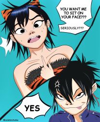 big_breasts bodysuit cockstar_studios comic_page confusion cyborg_noodle facesitting gorillaz noodle_(gorillaz) noodle_(song_machine) tiger_ears tiger_print tight_clothing