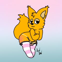 1:1 2023 anthro balls big_ears big_eyes big_tail canid canine clothed clothing crossdressing crossed_arms curvy_male erection fan_character fox fur genitals girly gradient_background hi_res jun_jun jun_jun_(character) legwear lycalopex male male/male mammal orange_body orange_fur pampas_fox partially_clothed penis simple_background simple_eyes smile solo submissive tail thighhighs toony young