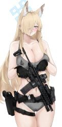 animal_ear_fluff animal_ears assault_rifle belt black_belt black_gloves blonde_hair blue_archive blue_eyes blush breasts cleavage collarbone dog_ears eotech female fte_(fifteen_199) glock gloves grey_panties grey_sports_bra gun hair_over_one_eye halo handgun highres holding holding_gun holding_weapon holster holstered kanna_(blue_archive) large_breasts long_hair magazine_(weapon) mechanix navel panties parted_lips public_peace_bureau_(blue_archive) rifle sig_mcx sig_sauer simple_background solo sports_bra stomach submachine_gun tactical_clothes tourniquet underwear valkyrie_police_school_logo_(blue_archive) valkyrie_police_school_student very_long_hair weapon weapon_request white_background