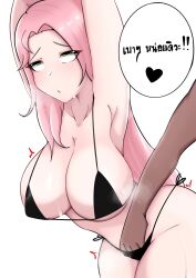 1boy 1girls about_to_cum belly_button bikini black_bikini black_swimsuit blush dark-skinned_male dark_skin eeyah_group fingering green_eyes hyperu light-skinned_female light_skin pink_hair pyork_the_pork speech_bubble spoken_heart sweat sweatdrop swimsuit text thai_text virtual_youtuber virtual_zeven