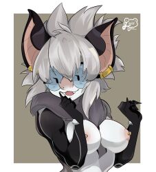 anthro bat big_ears black_body black_fur breasts ear_piercing ear_ring eyebrows facial_markings fangs female fur genitals grey_body grey_fur hair head_markings hi_res humanoid inner_ear_fluff louisesait mammal markings mask_(marking) nipple_piercing nipples nude nyx_(silver_alopex) open_mouth piercing ring_piercing simple_background slim smile solo tail teeth thick_thighs tuft