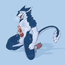 1:1 2022 anthro balls bodily_fluids cum erection fallflys genital_fluids genitals hi_res kneeling knot male nude sergal simple_background solo tongue tongue_out