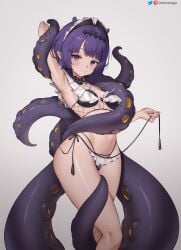 1girls breasts female greatodoggo hololive hololive_english hololive_myth light-skinned_female light_skin maid maid_bikini ninomae_ina'nis petite petite_body purple_eyes purple_hair short_hair small_breasts smile tentacle thighs virtual_youtuber