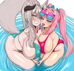 2girls aria_rhapsody_(vtuber) bikini breasts female female_only fraeya_(vtuber) gaikiken huge_breasts looking_at_viewer multiple_girls open_mouth thick_thighs tongue tongue_out virtual_youtuber wide_hips