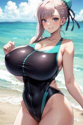 1girls ai_generated blue_eyes breasts competition_swimsuit fate/grand_order fate_(series) hips large_breasts miyamoto_musashi_(fate) miyamoto_musashi_(swimsuit_berserker)_(fate) one-piece_swimsuit pink_hair stable_diffusion swimsuit thick_thighs thighs wide_hips