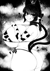 1girls 2_tails :q ass cat_ears cat_tail cow_bikini cowboy_shot elbow_gloves female greyscale haseru_(ginku_mh) heart huge_breasts looking_at_viewer monochrome multi_tail rin_kaenbyou solo touhou twin_braids