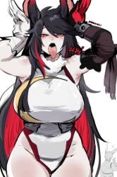 1girls ahe_gao arms_up big_breasts black_hair cosplay curvy dark_hair eyelashes female fringe huge_breasts k_(kurenaiz) kurenaiz1 leotard long_hair looking_at_viewer mature_female miruko miruko_(cosplay) my_hero_academia oral orange_eyes original original_character pale-skinned_female pale_skin petplay rabbit_ear_gesture rabbit_ears rabbit_girl red_hair roleplay seductive_mouth slit_pupils tongue tongue_out two_tone_hair very_long_hair yellow_eyes