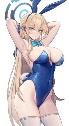 armpits arms_behind_head arms_up big_breasts blonde_hair blue_archive blue_clothing blue_eyes bowtie bunny_ears bunny_tail bunnysuit cleavage earpiece emotionless eyebrows_visible_through_hair eyes_visible_through_hair halo inner_sideboob large_breasts long_hair looking_at_viewer millennium_science_school_student simple_background siu_(siu0207) slim_waist thick_thighs thighhighs toki_(blue_archive) toki_(bunny)_(blue_archive) very_long_hair white_background