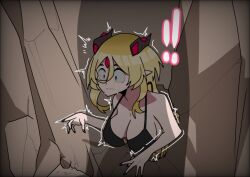 aranaya_zaneri_xaphina bikini_top black_bikini_top black_nails blonde blonde_female blonde_hair blonde_hair_female cave dragon dragon_girl dragon_horns green_bean pointy_ears stuck stuck_in_wall surprised surprised_expression virtual_youtuber vtuber