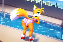 ai_generated all_fours anthro blonde_hair blue_eyes bulge canid canine cheek_tuft choker crop crop_top dipstick_tail femboy fox girly male male_only mammal miles_prower novelai pool presenting_hindquarters short_hair smile sneakers sonic_(series) striped_panties tails yellow_fur