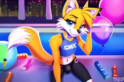 ai_generated anthro balloons blonde_hair blue_eyes bulge canid canine cheek_tuft choker crop_top dipstick_tail femboy fox girly male male_only mammal miles_prower novelai pool short_hair shorts sitting smile sonic_(series) striped_panties tails yellow_fur