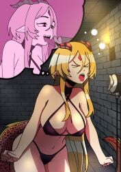 aranaya_zaneri_xaphina asmr_microphone bikini bikini_bottom bikini_top black_bikini black_bikini_bottom black_bikini_top blonde blonde_female blonde_hair blonde_hair_female dragon dragon_girl dragon_horns dragon_tail funny funny_face green_bean imagining pointy_ears pointy_teeth tongue_out virtual_youtuber vtuber