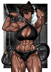 abs athletic_female biceps big_breasts black_hair busty cat_ears cat_tail catgirl cleavage curvy dark-skinned_female dark_skin flexing flexing_bicep looking_at_viewer mao_(yuto_noirm08) mature_female midriff muscular muscular_arms muscular_female muscular_thighs original short_hair sportswear tank_top thick_thighs tomboy towel workout_clothes workout_clothing yellow_eyes yuto_noirm08