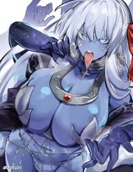 4_arms big_breasts blue_eyes blue_skin cleavage curvaceous curvy drool fate/grand_order fate_(series) fellatio_gesture goddess hair_ribbon huge_breasts kali_(fate) kurenaiz1 looking_at_viewer multi_arm multi_limb open_mouth silver_hair tongue_out voluptuous voluptuous_female