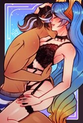 artist_signature cuddling dark-skinned_male female kayn kissing kissing_neck league_of_legends lingerie long_hair male poposhirat sona_buvelle