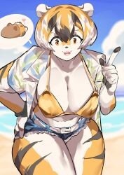 1girls amber_eyes anthro arknights big_breasts bikini blurry blurry_background breasts female mx99926 solo solo_female thick_thighs tiger tiger_girl waai_fu_(arknights) wide_hips