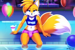 ai_generated anthro balloons blonde_hair blue_eyes bulge canid canine cheek_tuft choker crop_top dipstick_tail femboy fox girly male male_only mammal miles_prower novelai pool pov short_hair shorts sitting smile sonic_(series) striped_panties tails yellow_fur