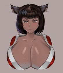 1girls 2d artist_request black_hair bob_cut cash_mummy cat_ears catgirl crossover earrings egyptian fatal_fury female female_only final_fantasy final_fantasy_xiv huge_breasts looking_at_viewer mai_shiranui_(cosplay) miqo'te original_character shiny_breasts shiny_skin smiling_at_viewer snk square_enix sweat tagme tommy_lee_art yellow_eyes