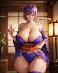 1girls ai_generated ayane_(doa) big_breasts big_hips big_thighs busty dead_or_alive hand_gesture hand_on_hip huge_breasts kw0337 purple_hair short_hair solo solo_female standing