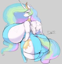 alicorn anthro anthrofied ass big_breasts big_butt breasts enormous_breasts equid equine feathers female friendship_is_magic grey_background hair hasbro hi_res horn huge_breasts huge_butt hyper hyper_breasts mammal multicolored_hair my_little_pony princess_celestia_(mlp) side_boob simple_background solo thelunarmoon white_body white_feathers wings