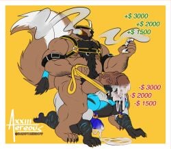 5_fingers 5_toes aereous anthro arm_hair armor balls barazoku bear beard belly belly_overhang belt_collar biceps big_balls big_penis black_nose blue_penis bodily_fluids body_hair brent_(n0rdbara) brown_body brown_fur cellphone chest_hair chubby_anthro chubby_male cigar cigarette cigarette_in_mouth cigarette_smoke claws cum cum_drip cum_on_face cum_on_penis cum_pool cum_string digital_drawing_(artwork) digital_media_(artwork) digital_painting_(artwork) dominant dominant_male dripping duo erection facial_hair feet fingers foreskin fur genital_fluids genitals hairy_belly hard_hat harness headgear helmet hi_res huge_cock hybrid hypnosis hypnotic_eyes looking_pleasured male male/male mammal markings mephitid mind_control money multicolored_body multicolored_fur musclegut muscular muscular_anthro muscular_arms muscular_leg muscular_male navel nipple_piercing nipples nude number object_in_mouth overweight overweight_anthro overweight_male penis phone piercing simple_background sitting_on_another skunk smoke smoking striped_body striped_fur striped_markings striped_tail stripes submissive submissive_male tail tail_markings toes tusks two_tone_body two_tone_fur two_tone_tail ursine vein veiny_penis yellow_background