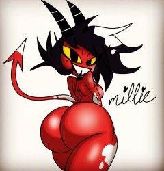 2022 ass big_butt black_hair breasts clothing demon demon_girl demon_horns demon_humanoid demon_tail demoness female hair helluva_boss hi_res horn humanoid imp legwear millie_(helluva_boss) nsfwtheodore open_mouth open_smile red_body simple_background smile solo tail teeth thick_thighs thigh_highs yellow_sclera