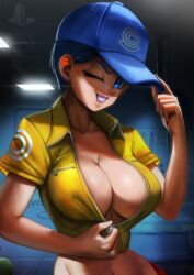 baseball_cap big_breasts blue_eyes blue_hair breast_focus breasts bulma_briefs bulma_briefs_(dragon_ball_super_superhero) capsule_corporation_logo cleavage dragon_ball dragon_ball_super_super_hero ear_piercing elitenappa light-skinned_female light_skin midriff short_hair smile wink winking_at_viewer zipper zipper_pull_tab