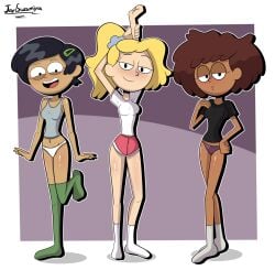 3girls aged_up amphibia anne_boonchuy black_hair blonde_hair brown_hair chocolate_and_vanilla dark-skinned_female dark_skin disney disney_channel female female_focus female_only javilewds javisuzumiya light-skinned_female light_skin marcy_wu panties purple_background purple_panties sasha_waybright short_black_hair short_brown_hair smooth_skin socks t-shirt tank_top tshirt underwear white_background white_panties