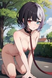 ai_generated all_fours asexual collar completely_nude e-sekai heterochromia idol-en idol_corp leash naked outside petplay rin_penrose virtual_youtuber vtuber