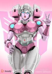 1girls arcee arcee_(g1) big_boobs big_breasts blue_eyes boobs breasts busty female female_only hand_on_hip panties peace_sign pink_panties red_lipstick robot robot_girl robot_humanoid solo solo_female thick_thighs tits transformers transformers_g1