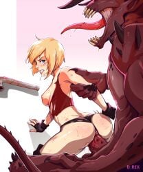 1girls arm_grab artist_signature ass blonde_hair blue_eyes breasts clenched_teeth clothing d-rex defeated defeated_heroine demon demon_rape exposed_breasts fangs female fingerless_gloves from_behind grabbing_arm grabbing_from_behind horns human interspecies large_penis larger_male long_tongue looking_back male medium_breasts monster nipples on_all_fours open_mouth pale_skin penetration penis pipes pussy rape red_body red_skin scowl short_hair simple_background smaller_female spikes_(anatomy) spread_legs tail tia_shulen torn_clothes vaginal_penetration