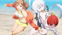 2girls ass atelier_(series) atelier_ryza atelier_ryza_ever_darkness_&_the_secret_hideout_the_animation breasts brown_eyes brown_hair hips holding_object large_breasts lila_decyrus reisalin_stout screencap swimsuit thick_thighs thighs tummy white_hair