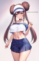 1girls azto_dio blue_eyes breasts brown_hair female game_freak hat huge_breasts light-skinned_female light_skin long_hair naughty_face nintendo pokemon pokemon_bw2 rosa_(pokemon) smile thighs twin_buns twintails