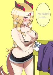 aranaya_zaneri_xaphina blonde blonde_female blonde_hair blonde_hair_female blush blushing dragon dragon_girl dragon_horns dragon_tail green_bean pointy_ears pointy_teeth ready_for_sex ready_to_fuck removing_jacket removing_shirt virtual_youtuber vtuber