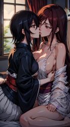 2girls ai_generated asymmetrical_docking black_hair bleach blush breast_docking breast_press breast_size_difference docking drakyujin female female/female female_only imminent_kiss inoue_orihime kimono kneeling kuchiki_rukia looking_at_another looking_at_each_other multiple_girls nai_diffusion orange_hair petite shoulder_length_hair sideboob sitting small_breasts stable_diffusion undressing undressing_partner very_long_hair voluptuous yuri