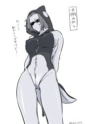 alternate_costume arms_behind_back big_breasts blush canon_genderswap embarrassed female female_only frown genderswap_(mtf) hood hood_up japanese_text leotard meguru_y0117 meme_attire monochrome one_piece orca_girl orca_hood rule_63 shachi_(one_piece) shiku_shiku_no_mi short_hair sideboob solo sunglasses sweatdrop thick_thighs tinted_eyewear wavy_mouth white_background