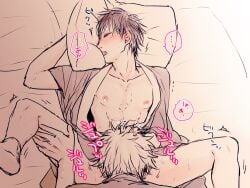 2boys blush fellatio gay gintama gintoki_sakata hand_on_another's_head hijikata_toshiro implied_oral kimono male male_only mame_(pixiv) on_back on_bed open_clothes open_kimono oral restricted_palette spread_legs sweat yaoi