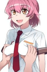 1boy 1girls aino_heart arcana_heart big_breasts breast_grab breasts busty female groping highres large_breasts male necktie open_mouth purple_hair school_uniform short_hair smile touniyuu voluptuous yellow_eyes