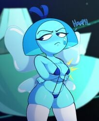 alien alternate_version_available annoyed aquamarine_(steven_universe) blue_eyes blue_hair blue_skin blurred_background blush bow embarrassed gametimeasia gem_(species) gemstone looking_away pouting pussy_juice sling_bikini small_breasts speech steven_universe stockings thick_thighs thigh_squish thighhighs wings