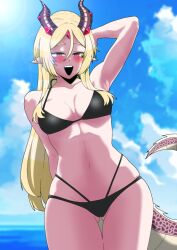 1girls aranaya_zaneri_xaphina beach bikini bikini_bottom bikini_top black_bikini black_bikini_bottom black_bikini_top blonde blonde_female blonde_hair blonde_hair_female blush blushing dragon dragon_girl dragon_horns dragon_tail female female_only green_bean light-skinned_female light_skin pointy_ears pointy_teeth solo virtual_youtuber vtuber